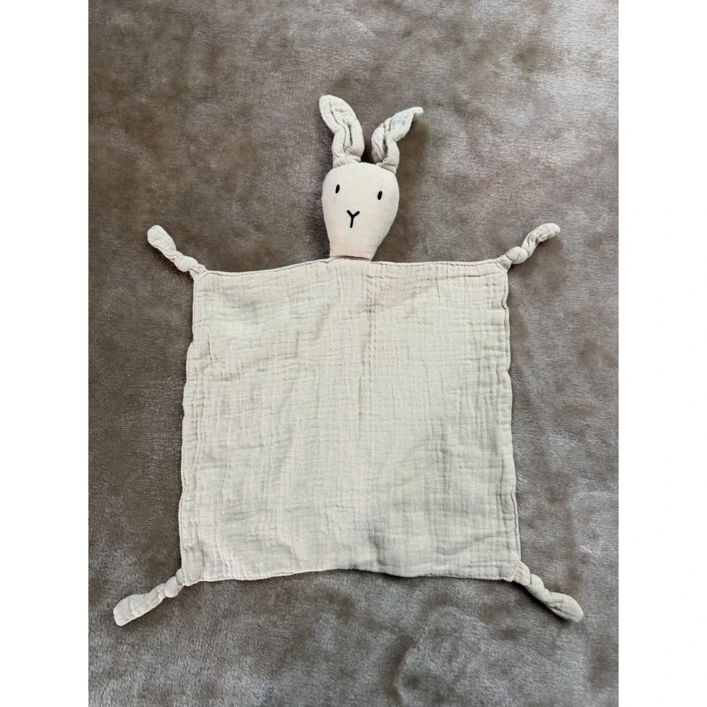 Rabbit Lovey Security Blanket Muslin Cotton Beige Knotted Corners